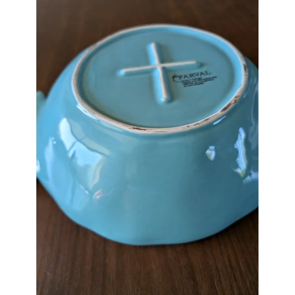 Farval Portugal Blue Ceramic Fish Serving Bowl Embossed Scales Coastal‎ Decor